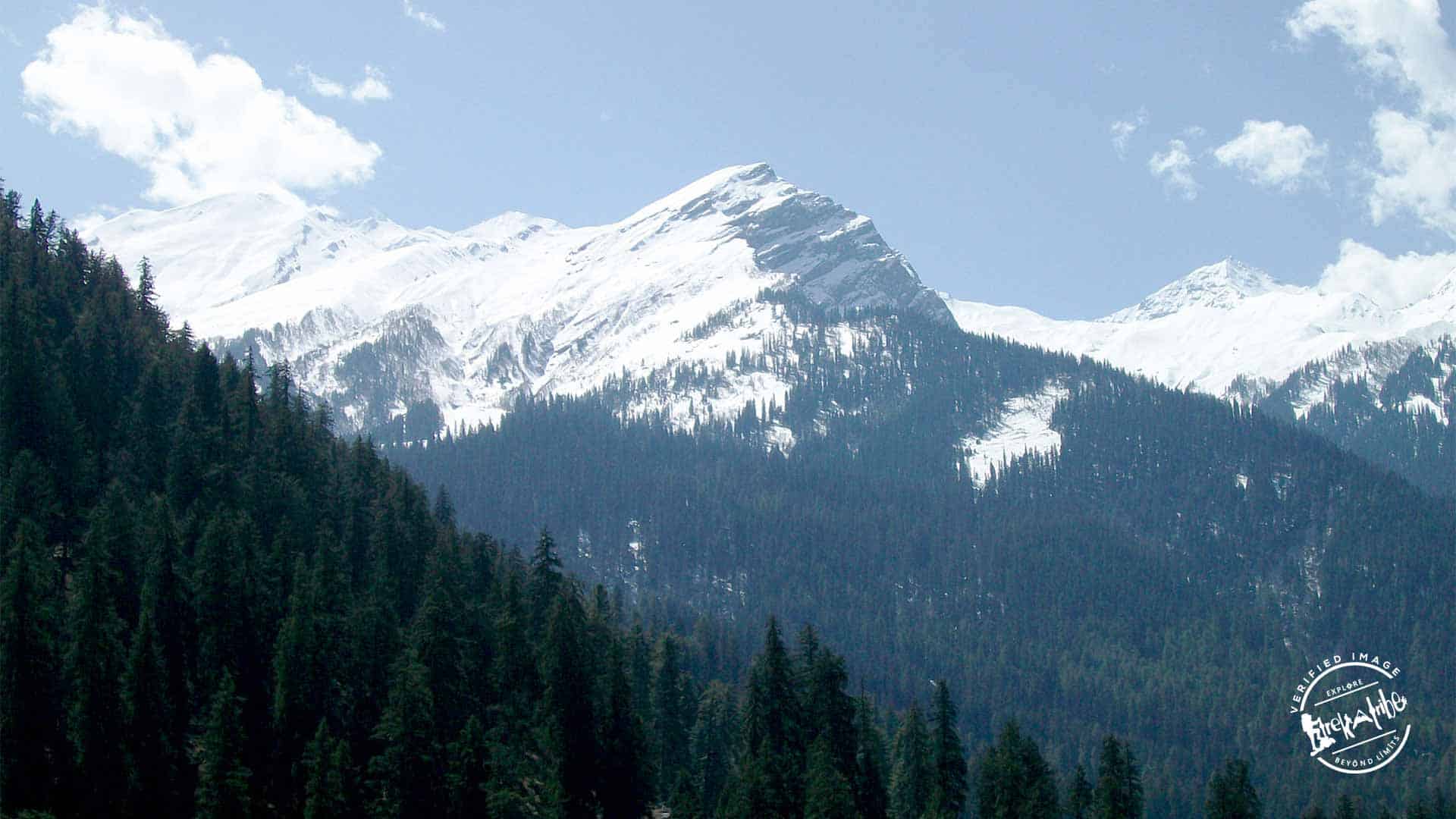 snow capped peak view from Kheerganga